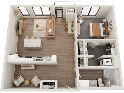 Floor plan for 1 bed, 1 bath, 893 sqft